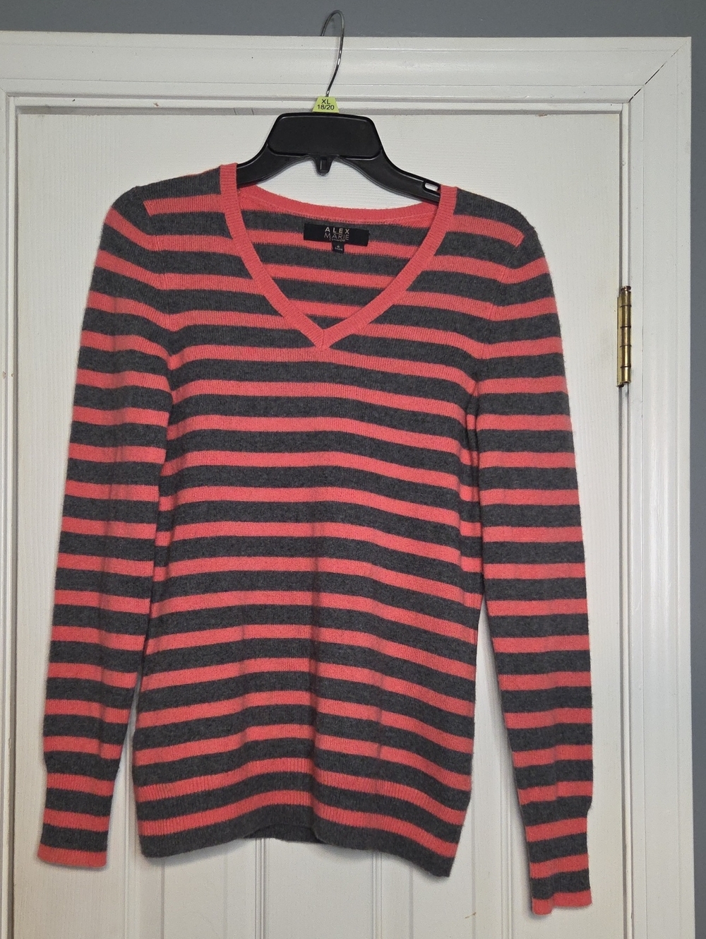 Alex Marie Cashmere  Coral and Gray Striped V-Neck Pullover